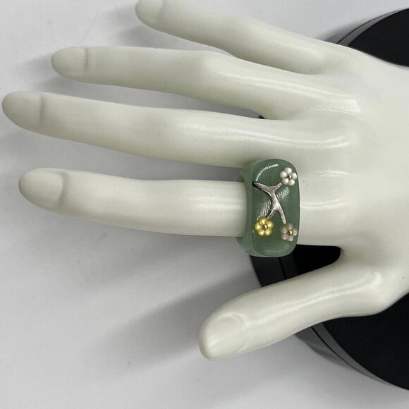 Jade Natural Icy Green Jadeite and MOP Flower Saddle Beautiful 14k Ring 7.5-8 - Picture 2 of 13